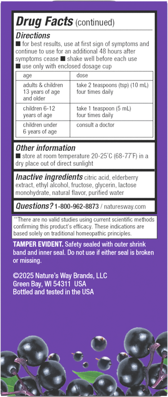 Nature's Way® | Sambucus Flu Relief** Elderberry Syrup - back of pack