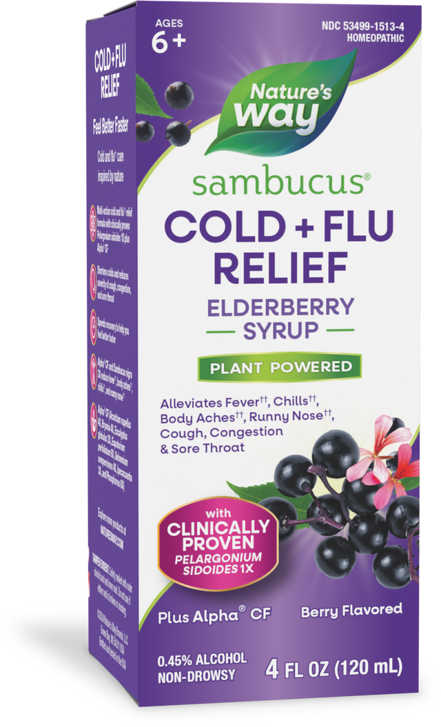Nature's Way® | Sambucus Cold+Flu Relief Elderberry Syrup, 4 fl oz (120 ml), Elderberry