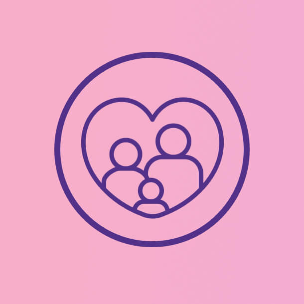 Outline of a family with a heart symbol on a pink background