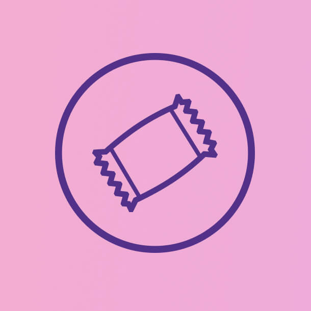 Icon of a Juicy Burst package with a purple outline on a pink background