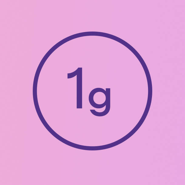 Purple circle with '1g' text on a pink background
