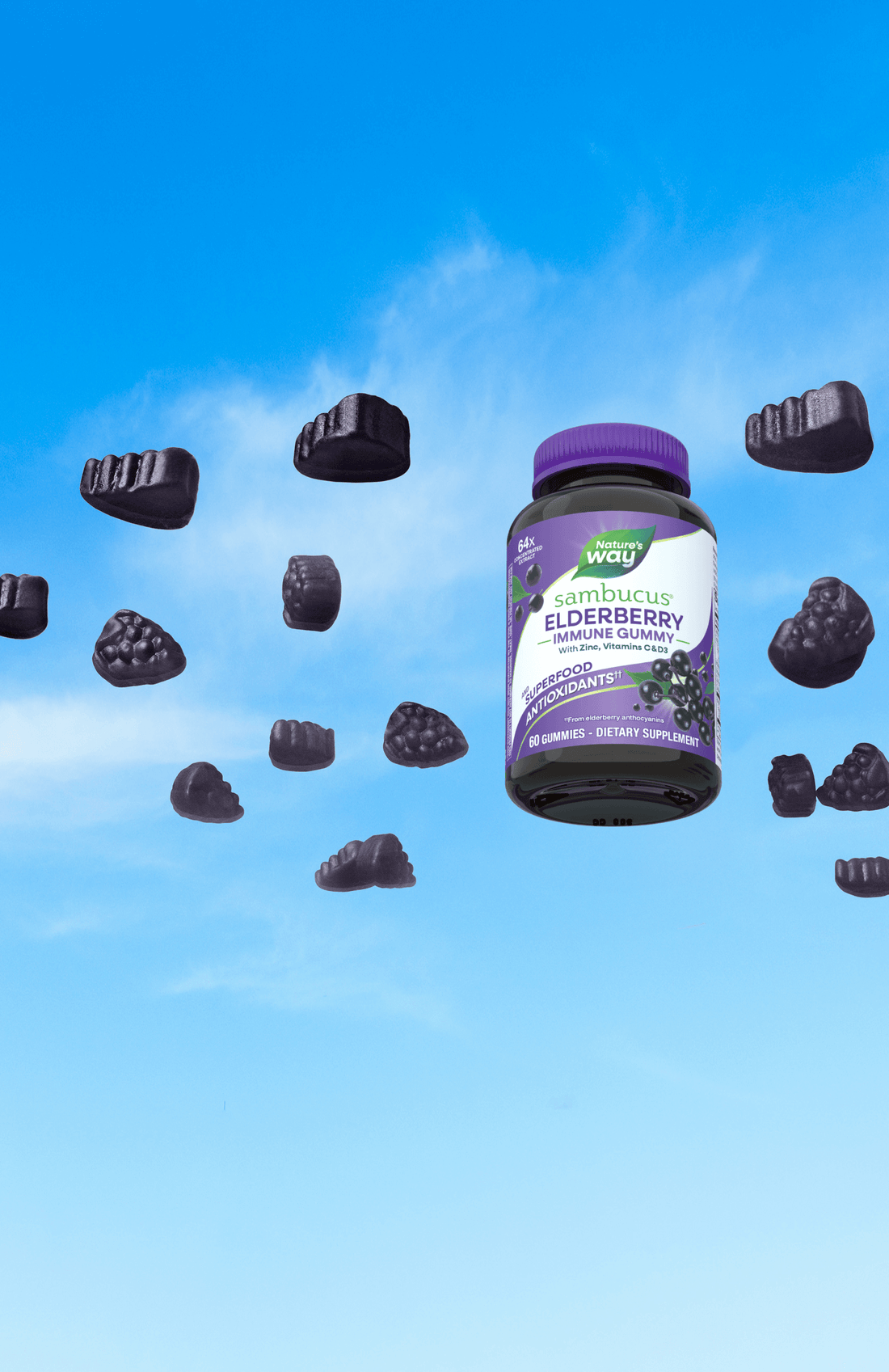 Nature's Way Elderberry chewable supplement with flying black elderberries against a blue sky background