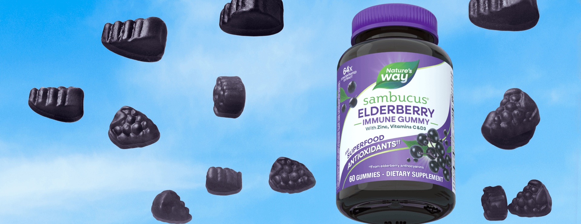 elderberry gummy bottle with gummies on a blue gradient background