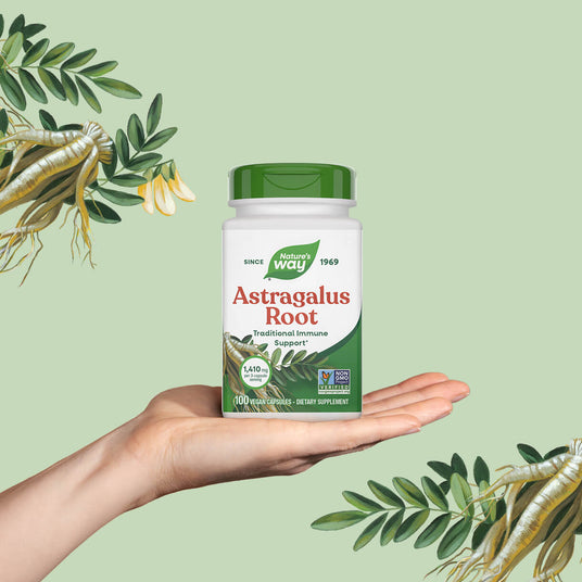 Nature's Way Astragalus Root supplement bottle held in a hand with green background and astragalus roots illustration.