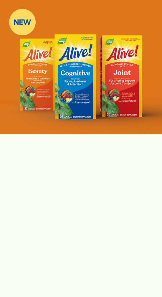 Three 'Alive!' supplement packages on an orange background