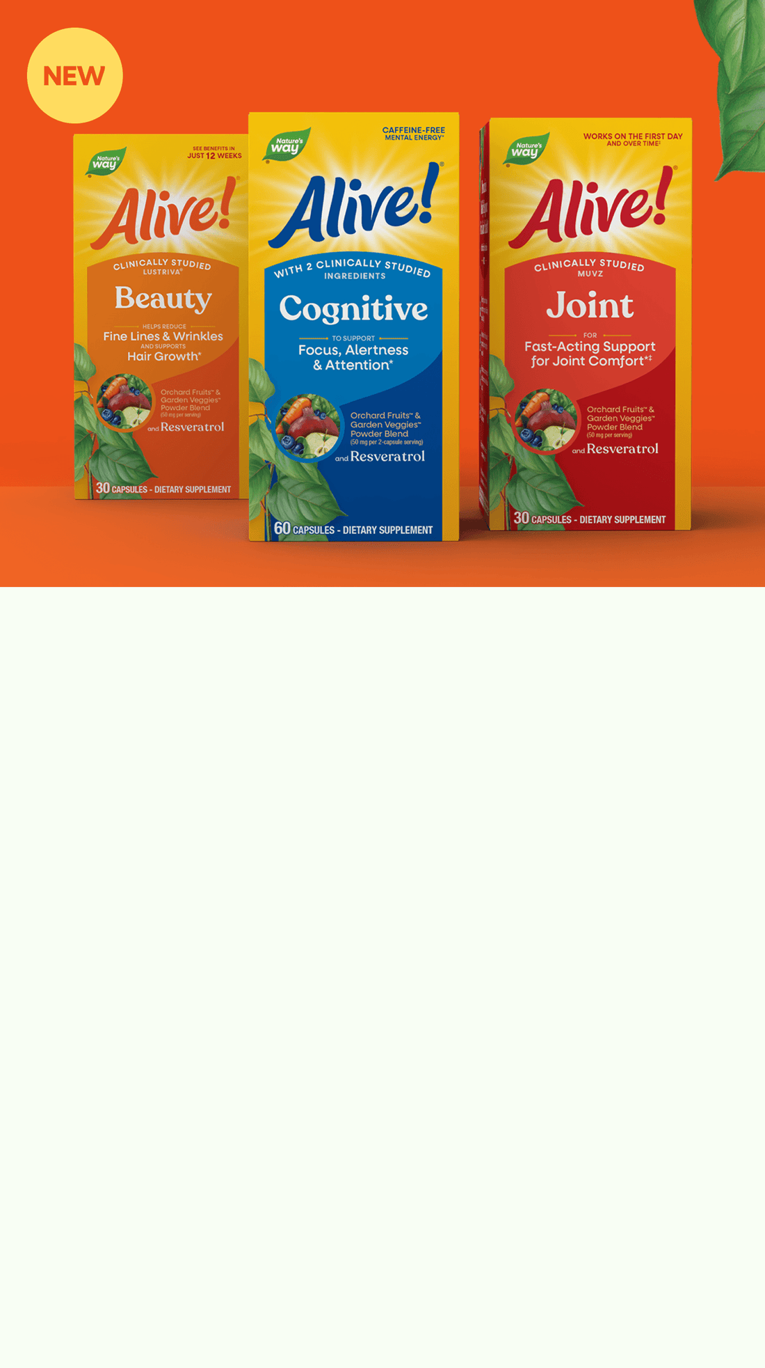 Three 'Alive!' supplement boxes on an orange background