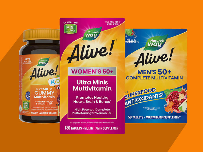 Nature's Way Alive! multivitamin products on an orange background