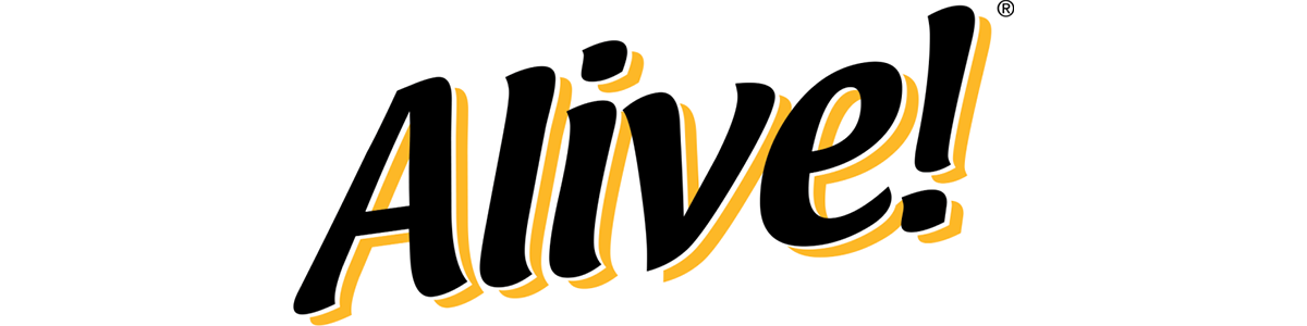 Alive! logo with black and yellow text