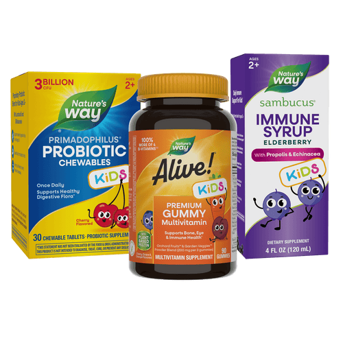 Natures's Way Primadophilus probiotic chewables, Alive premium gummy multivitamin, and immune syrup elderberry.  Sku:BUNDLE