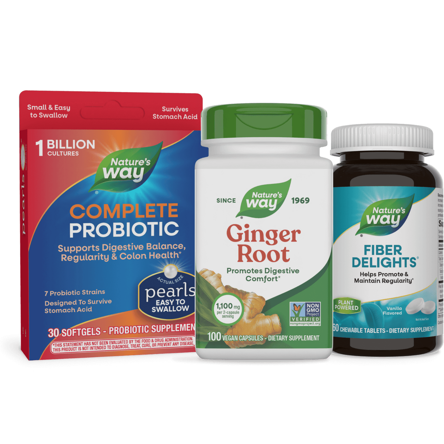 Digestive Bundle (Pearls Complete Probiotic, Ginger Root, Fiber Delights)