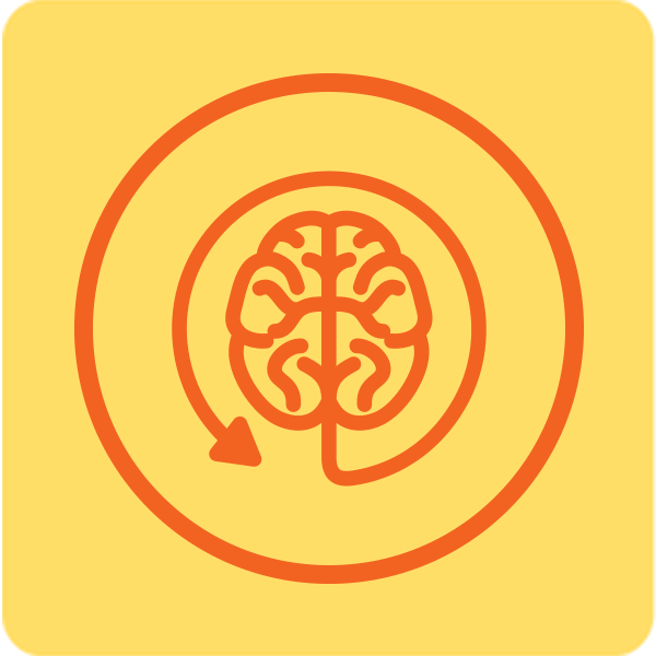 Red brain icon with a circular arrow on a yellow background