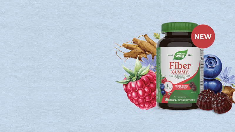 A bottle of Fiber Gummy dietary supplements on a light blue textured background, surrounded by illustrations of fresh berries, ginger root, and a red 'NEW' badge.