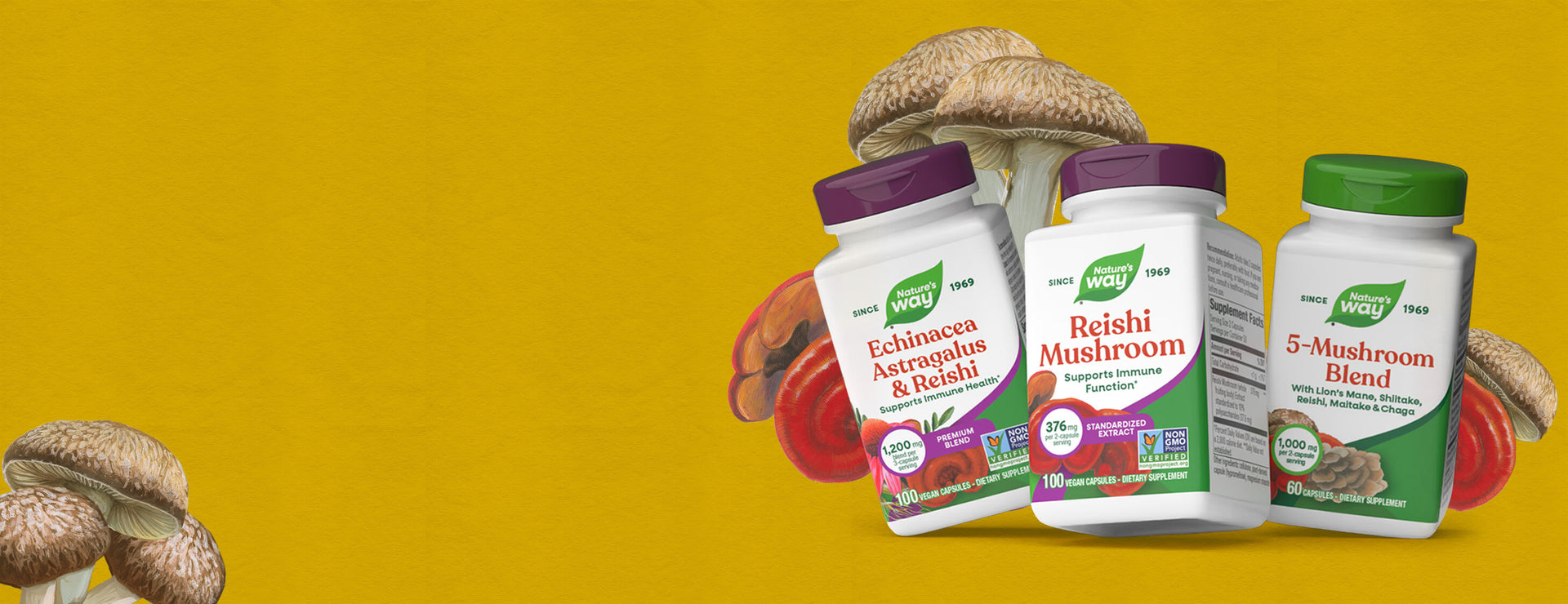 Three supplement bottles with mushrooms on a yellow background