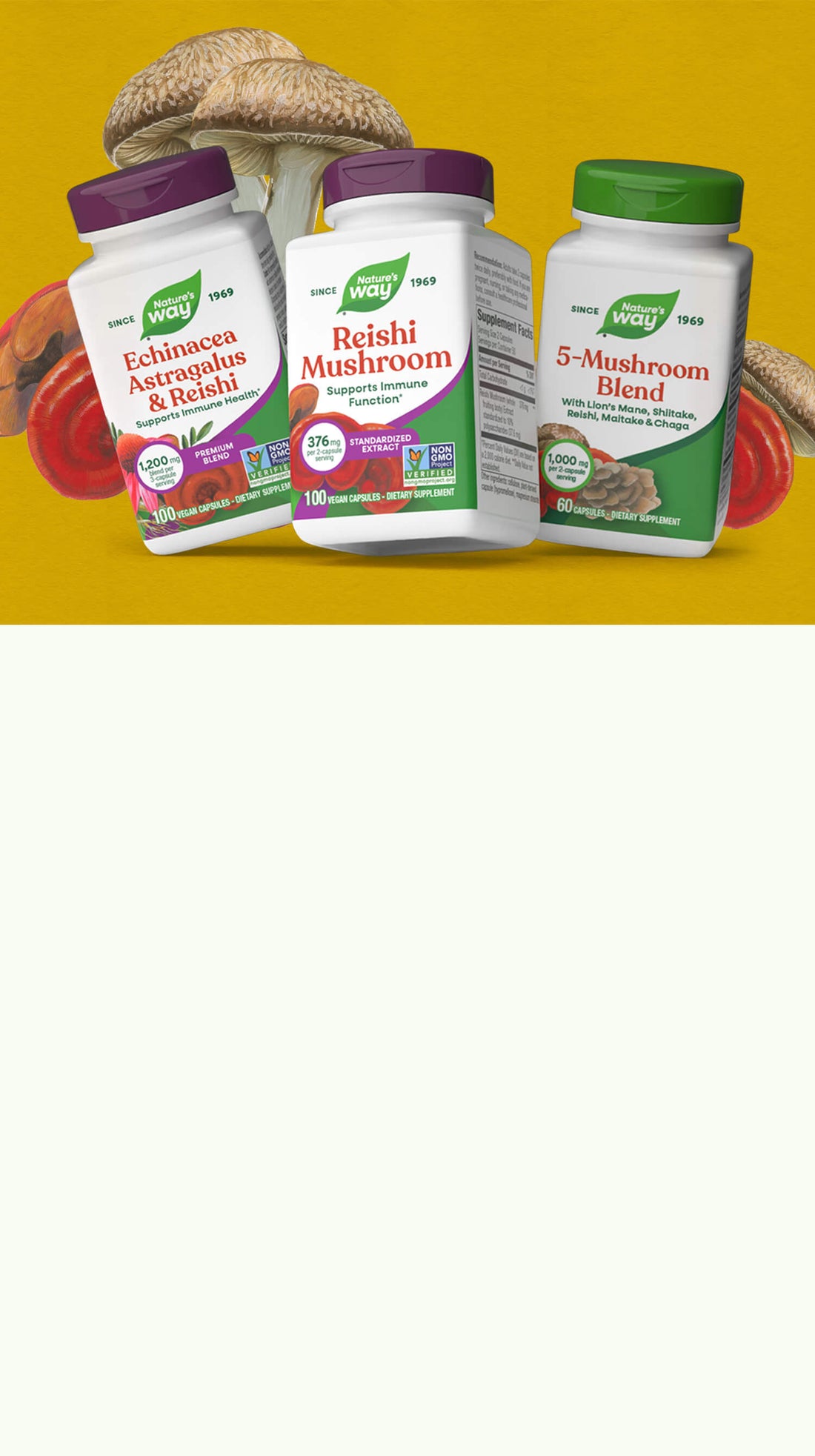 Three supplement bottles with colorful labels on a yellow background