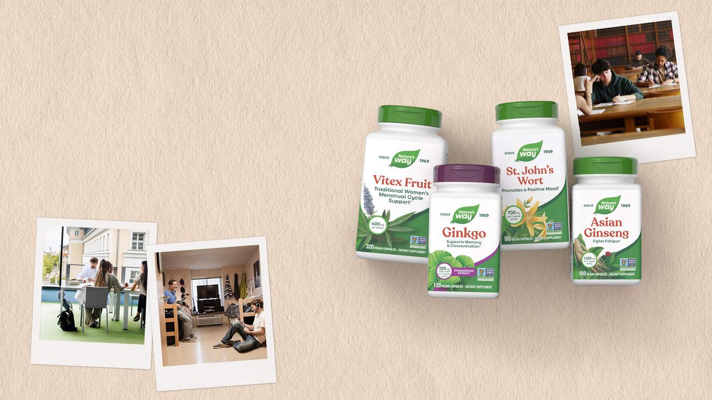 Four supplement bottles from the brand Nature's Way are arranged on a textured beige background, accompanied by four Polaroid-style photos showing people in a classroom and an outdoor setting.