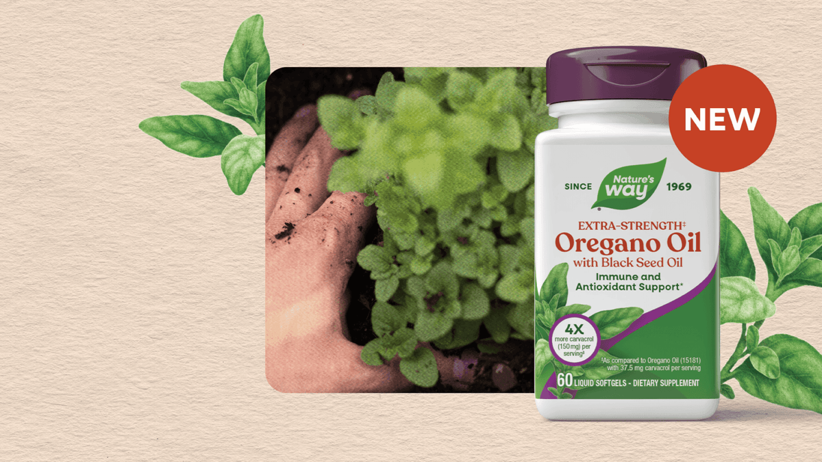 Nature's Way Oregano Oil supplement bottle with a purple cap, shown next to a photo of hands holding fresh oregano leaves, on a beige textured background with green oregano leaves and a red 'NEW' badge.