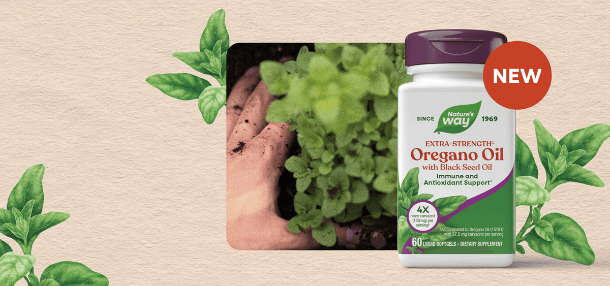 New Extra Strength Oregano Oil with herb illustrations in the background