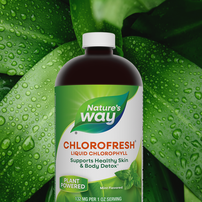 Bottle of Chlorofresh Liquid Chlorophyll on a green leaf