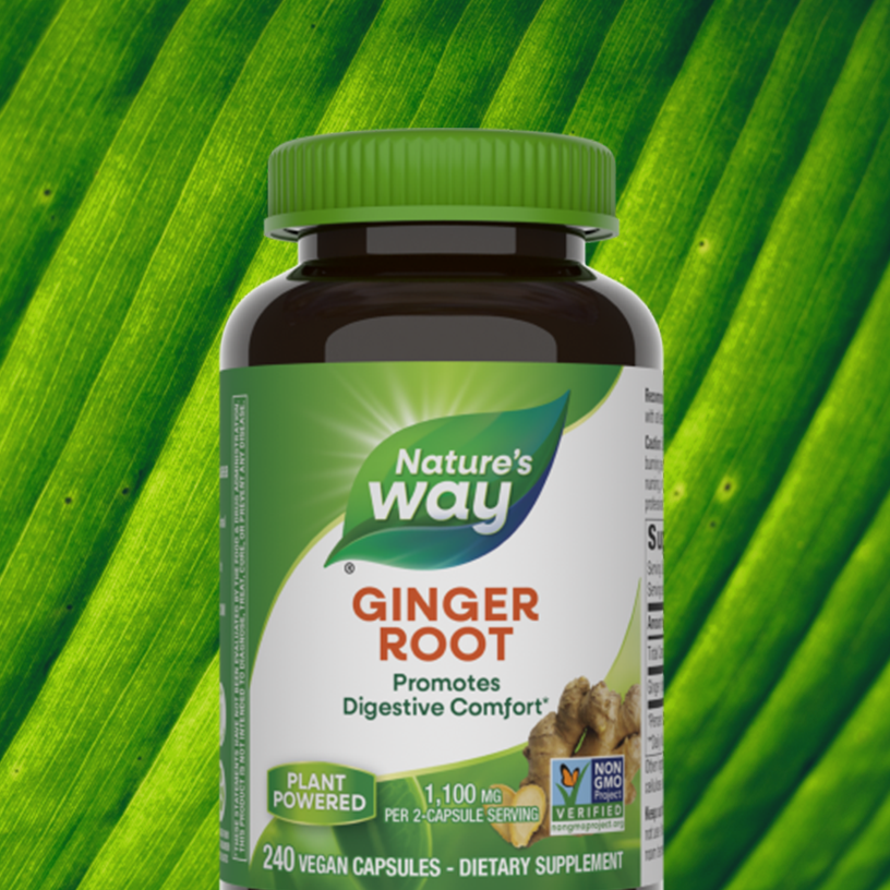 Bottle of Ginger Root on a lush green background