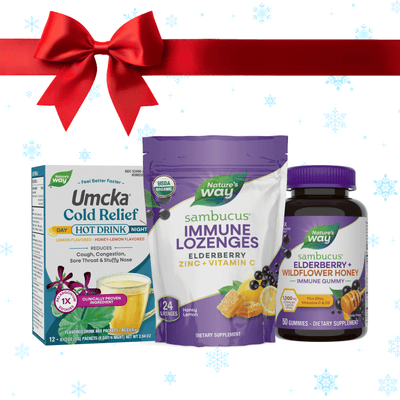 Honey holiday bundle: Umcka Cold Relief Hod Drink (Day/Night), Sambucus Immune Lozenges, Honey Lemon, Sambucus Elderberry + Wildflower Honey Immune Gummies.
