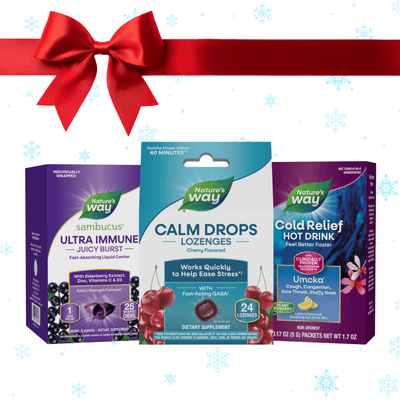 Travel holiday bundle: Ultra Immune Sambucus Juicy Burst, Calm Drops Lozenges, Cold Relief Hot Drink