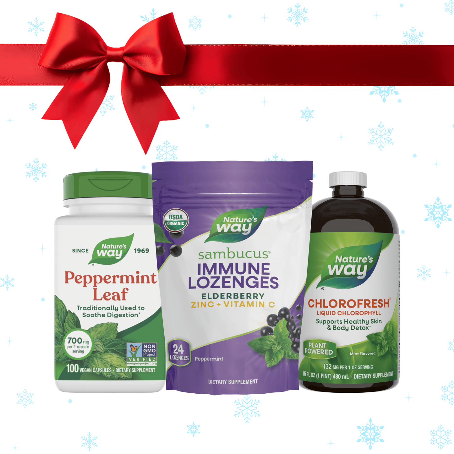 Peppermint holiday bundle: Peppermint Leaf, Sambucus Immune Lozenges, peppermint flavored, Chlorofresh, peppermint flavored