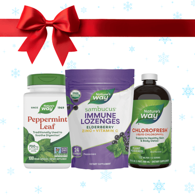 Peppermint holiday bundle: Peppermint Leaf, Sambucus Immune Lozenges, peppermint flavored, Chlorofresh, peppermint flavored