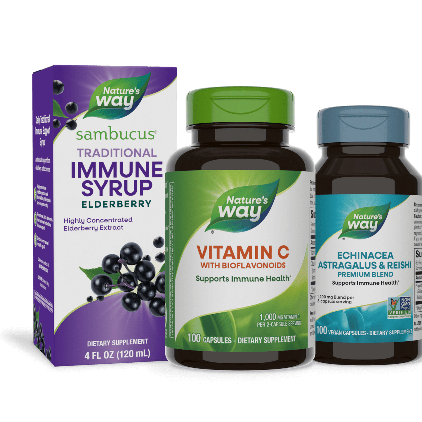 Immune Bundle (Sambucus Traditional Immune Syrup, Vitamin C with Bioflavonoids, Echinacea Astragalus & Reishi Premium Blend)