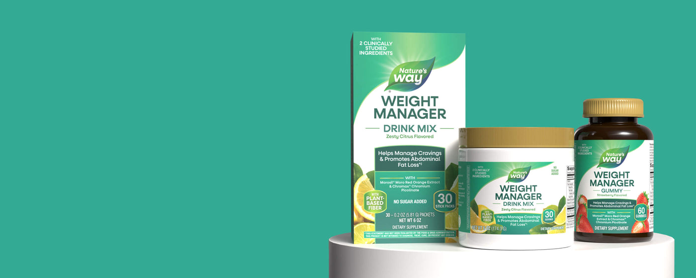 Weight manager product packaging including a box, jar, and bottle on a green background