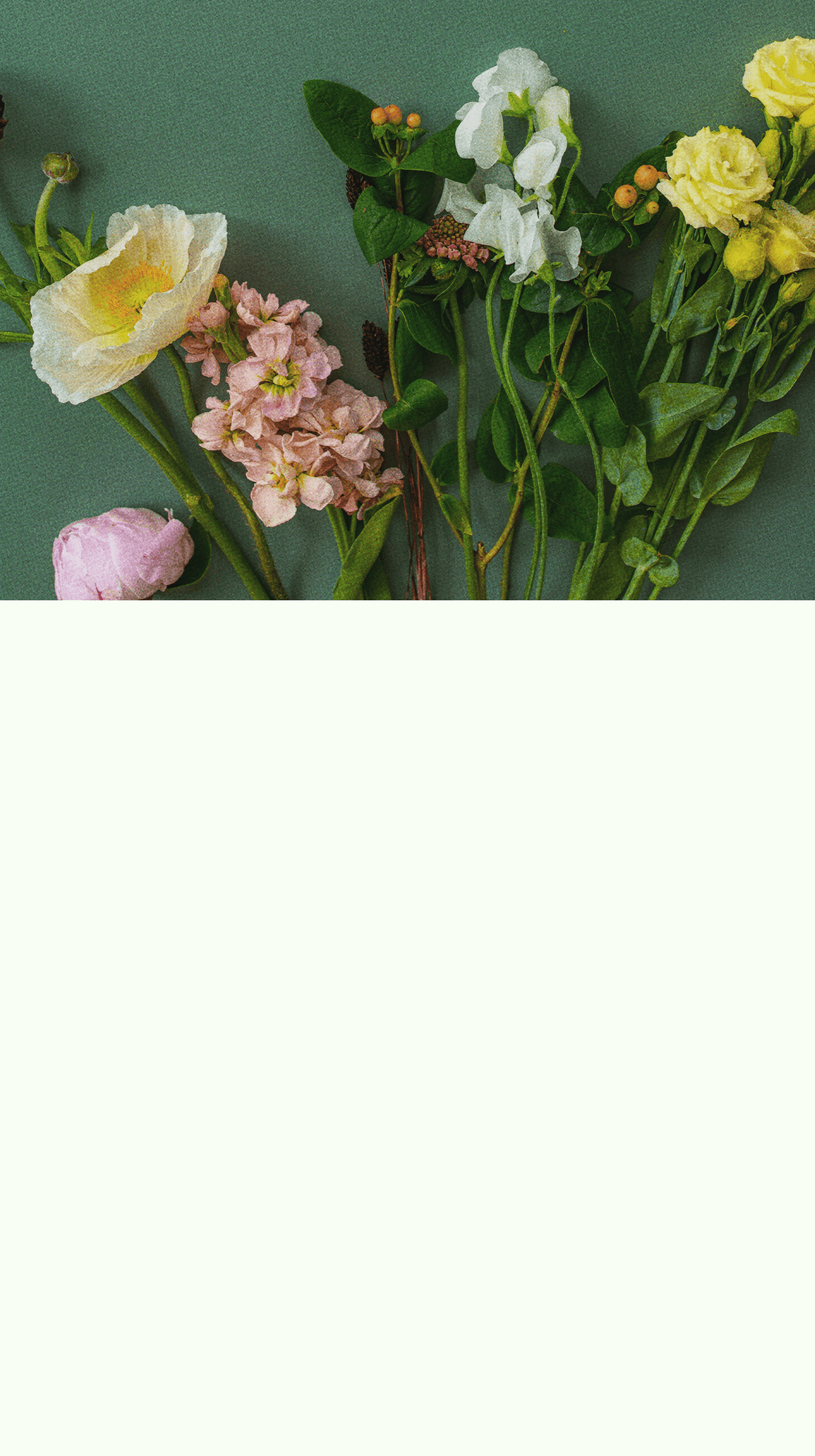 Floral arrangement with pink, yellow, and white flowers on a green background