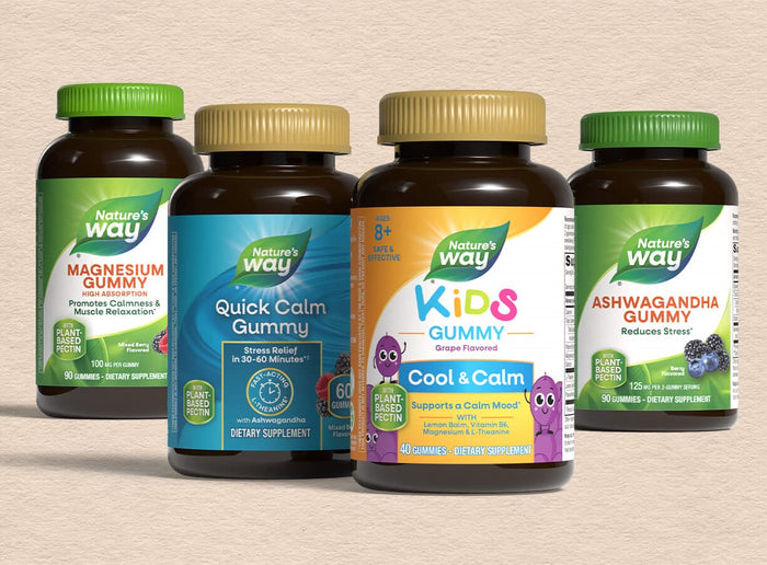 Four Nature's Way dietary supplement gummy bottles arranged in a row on a light beige textured background. The bottles are dark amber brown with green, tan, and white caps, and the labels feature green, blue, yellow, and white color blocks with text for Magnesium Gummy, Quick Calm Gummy, Kids Gummy (Cool & Calm grape flavored), and Ashwagandha Gummy.
