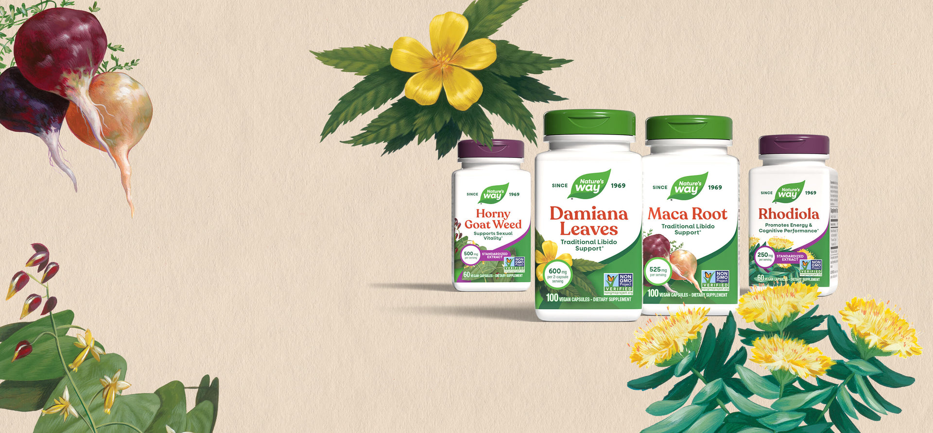 Nature's Way supplement bottles on a beige background with floral elements.