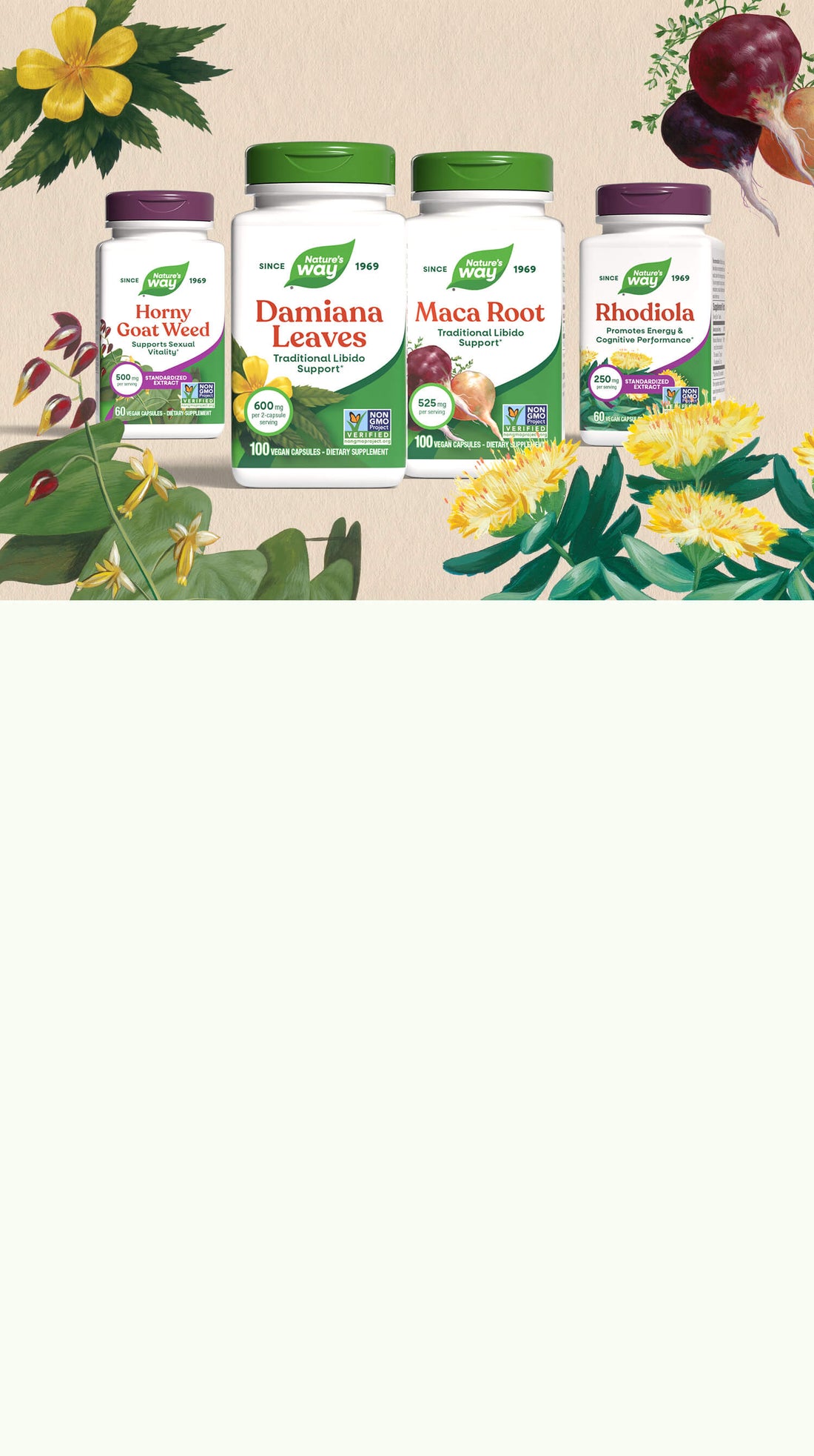 Supplement bottles on a light background with floral elements.