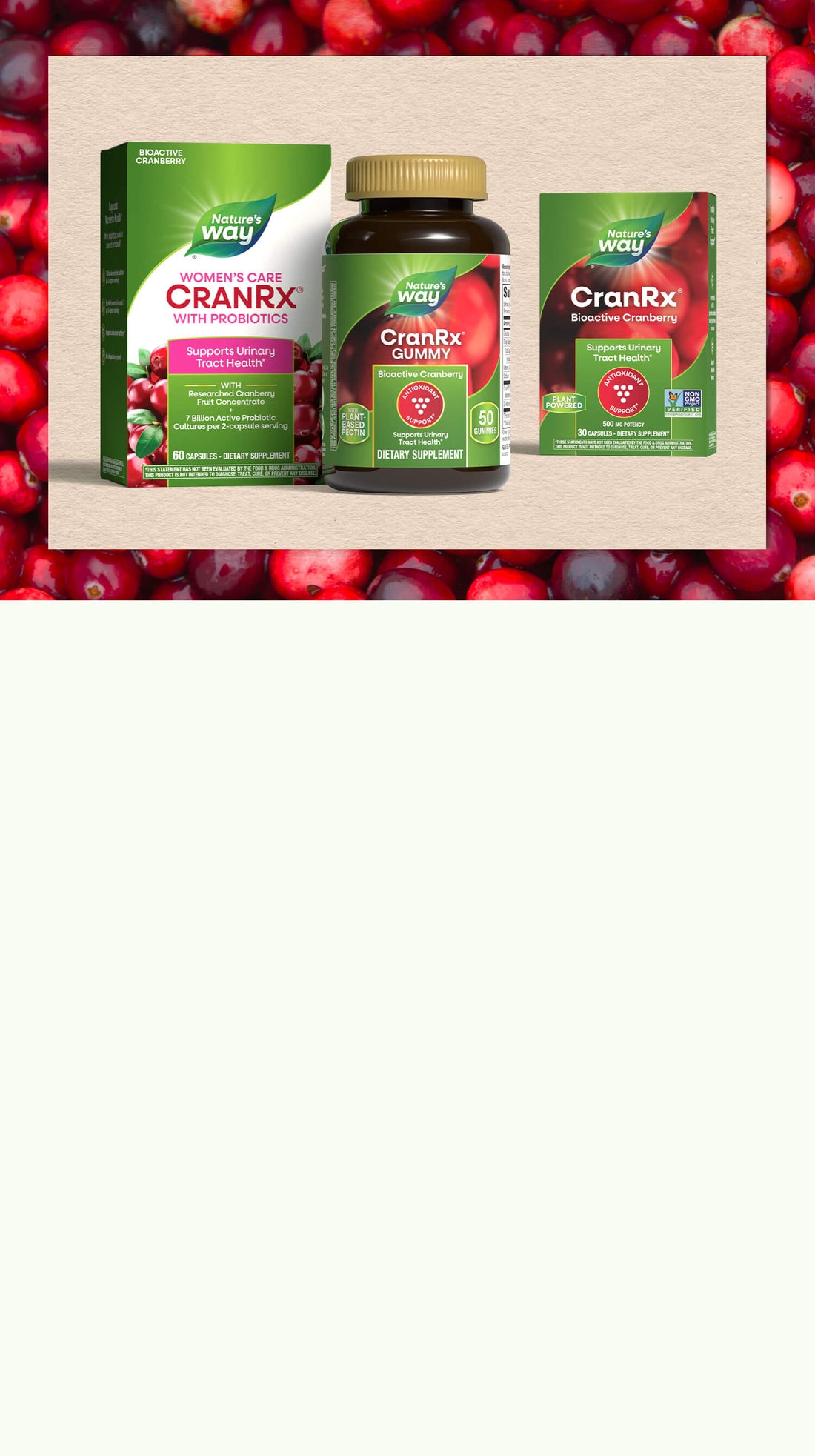CranRx supplement packages with red cranberries in the background