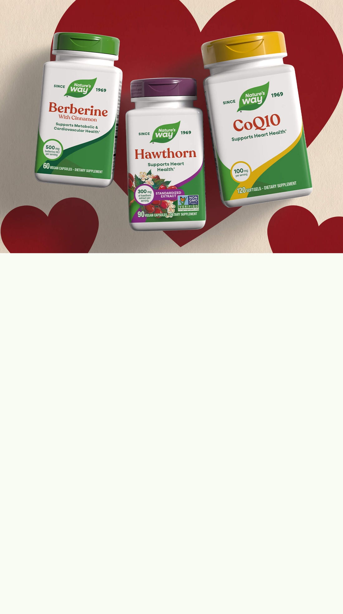 Three supplement bottles labeled Berberine, Hawthorn, and CoQ10 on a white background with a red heart design.