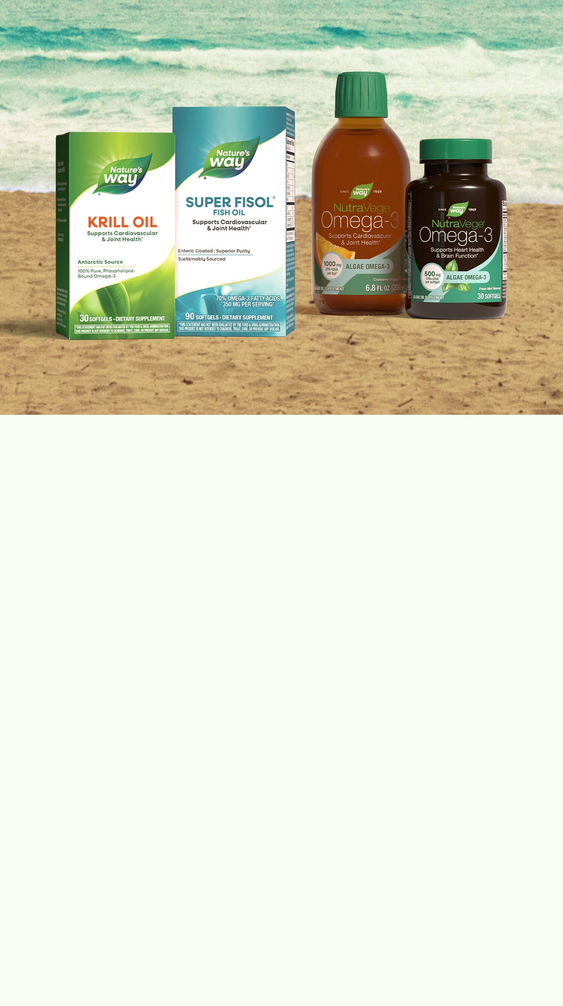 Supplement bottles and boxes on a beach background