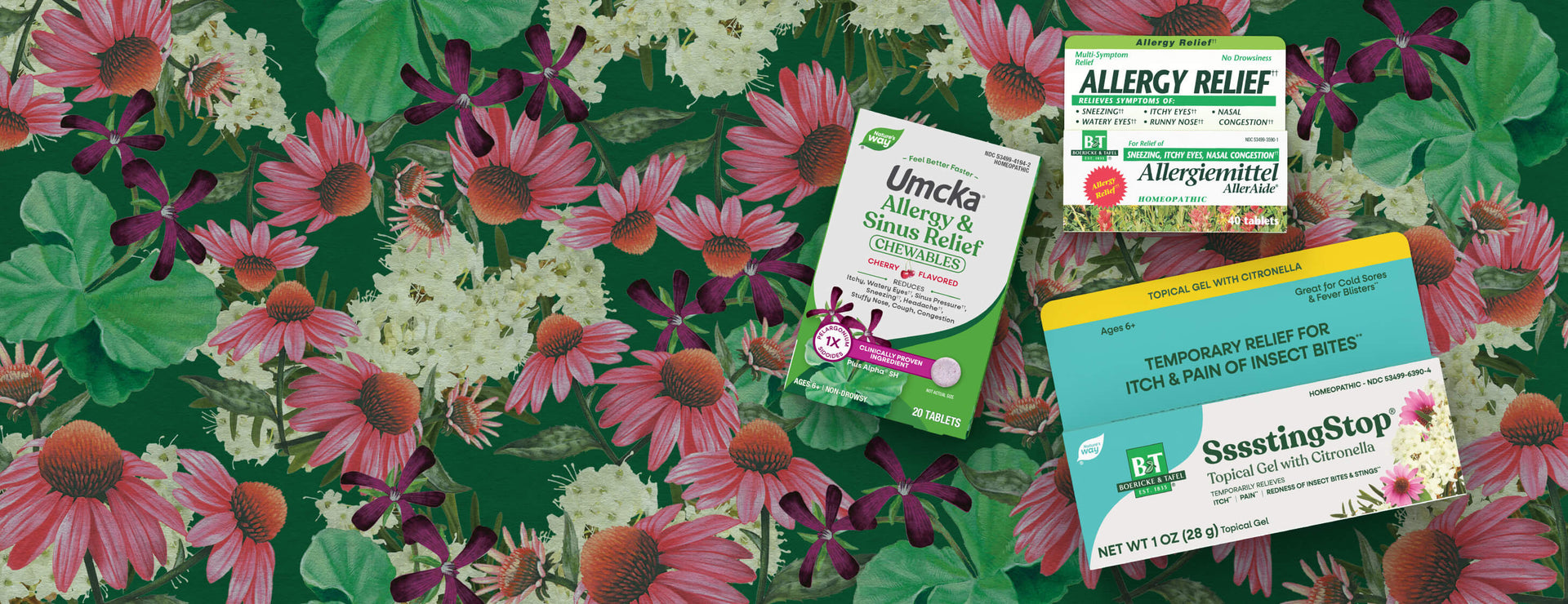 Three allergy relief products on a floral background