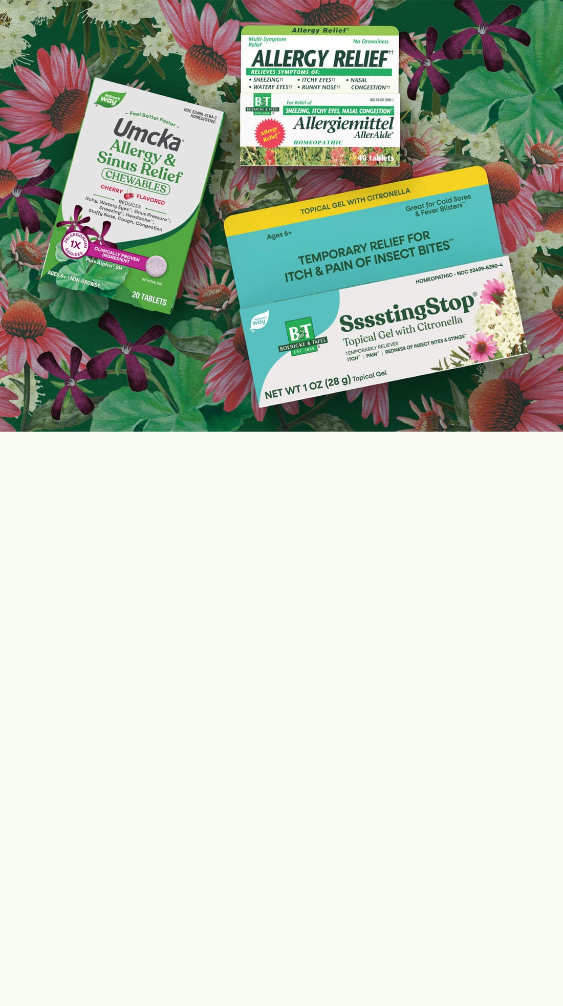 Three allergy relief products on a floral background