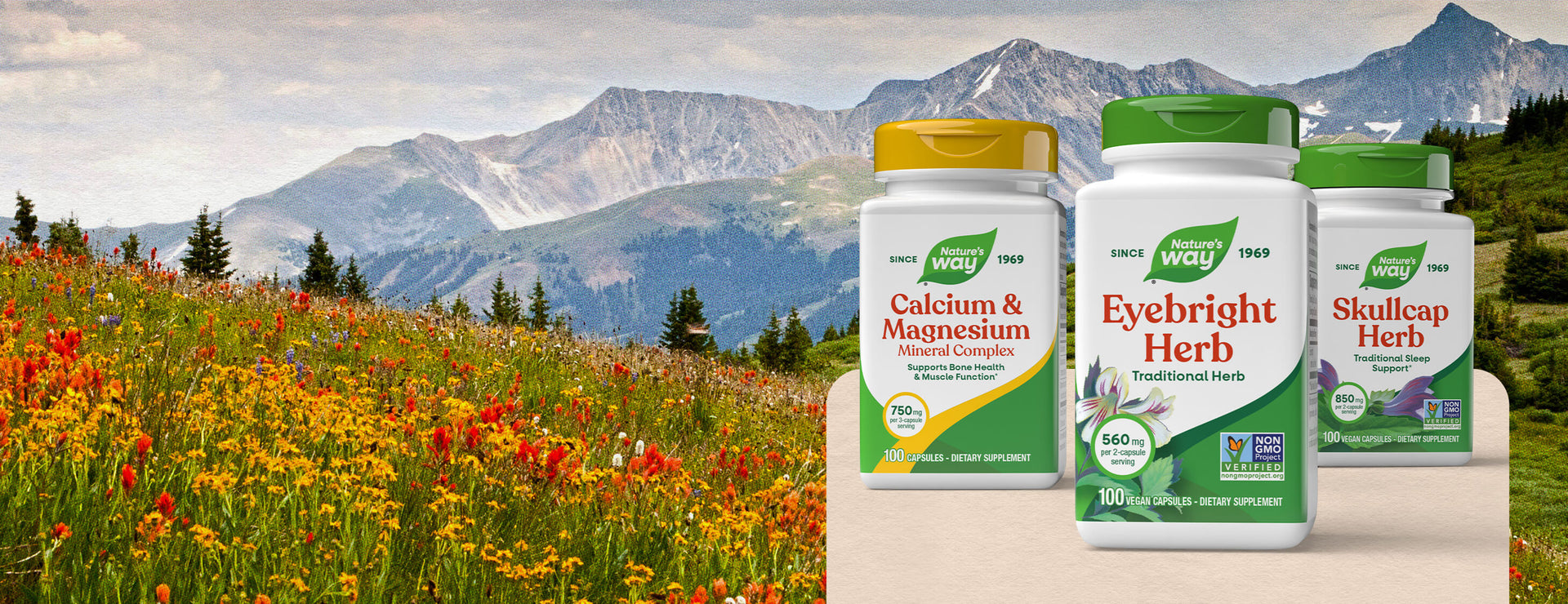 Three supplement bottles labeled 'Calcium & Magnesium', 'Eyebright Herb', and 'Skullcap Herb' with a scenic mountain background.