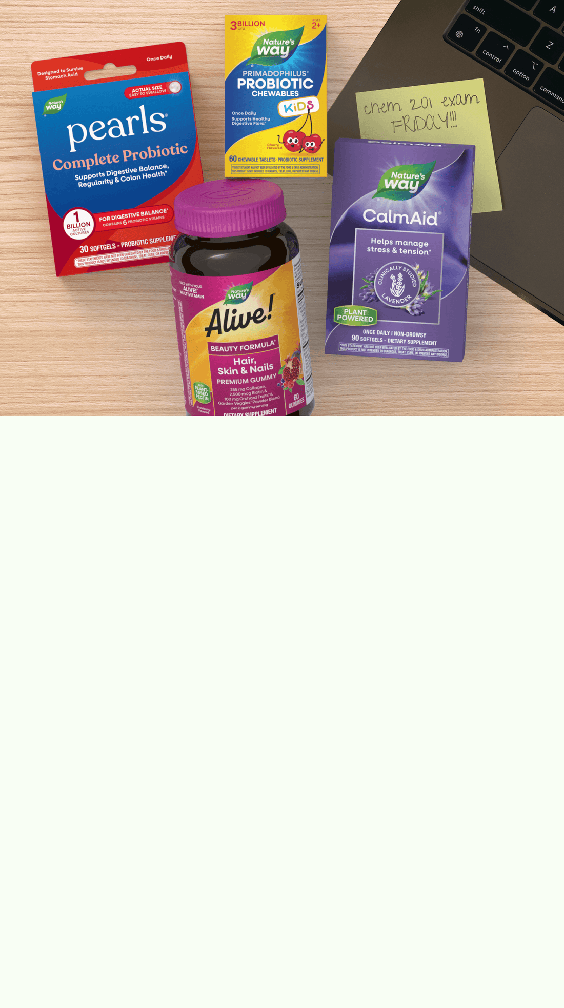 Supplement products including Alive, Pearls, and Calm Aid on a table.