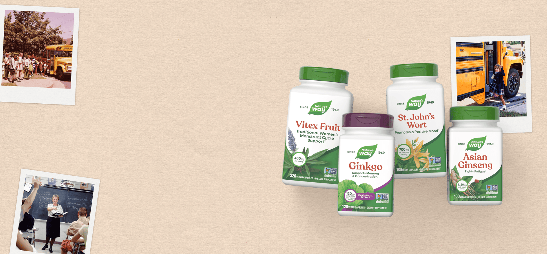 Supplement bottles on a beige background with school-related images.
