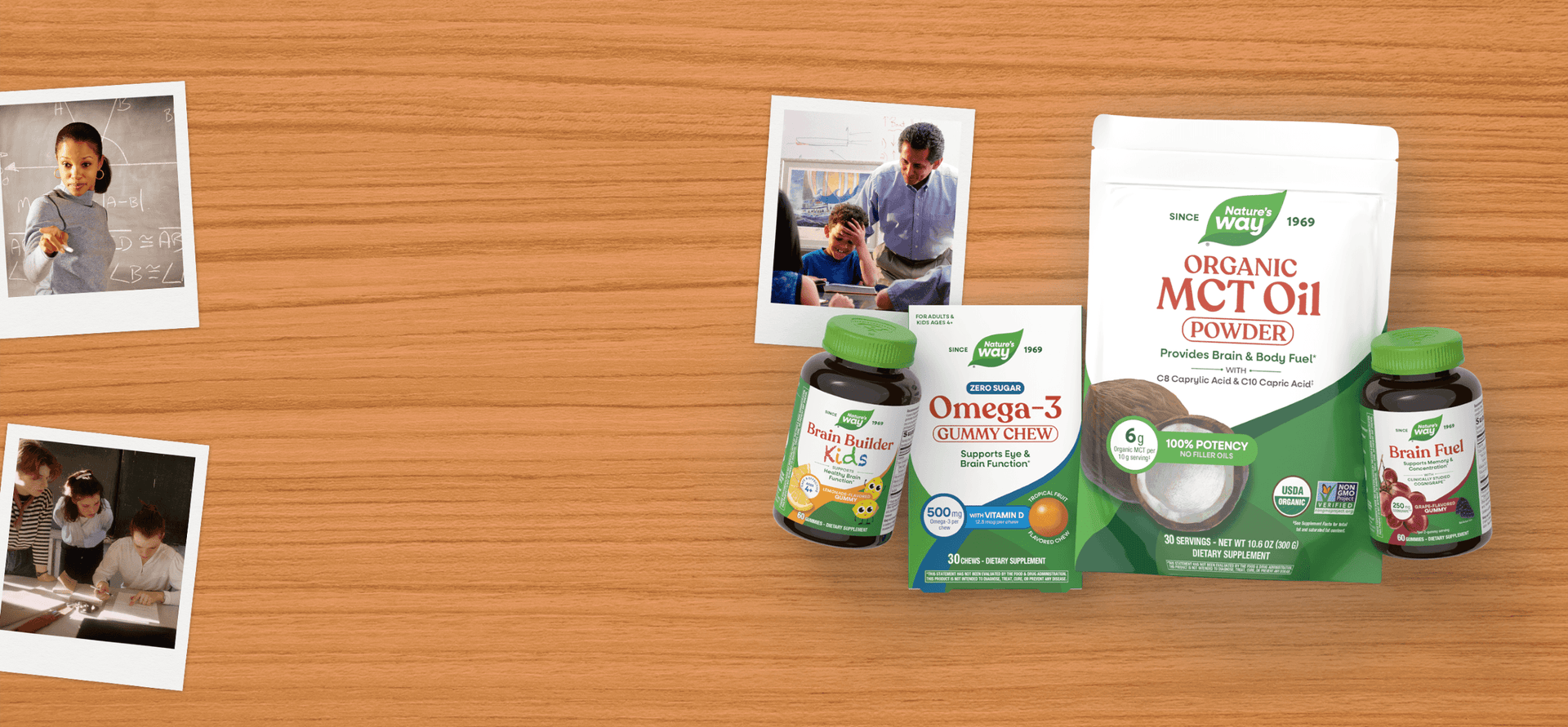Nature's Way supplements on a wooden surface with family photos in the background