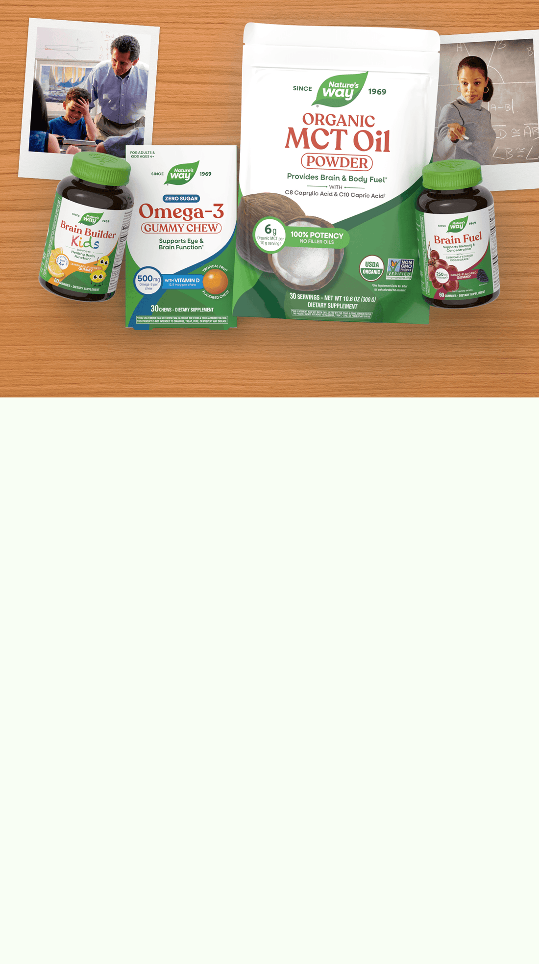 Nature's Way health products including MCT oil powder, Omega-3 gummies, and other supplements on a wooden surface.