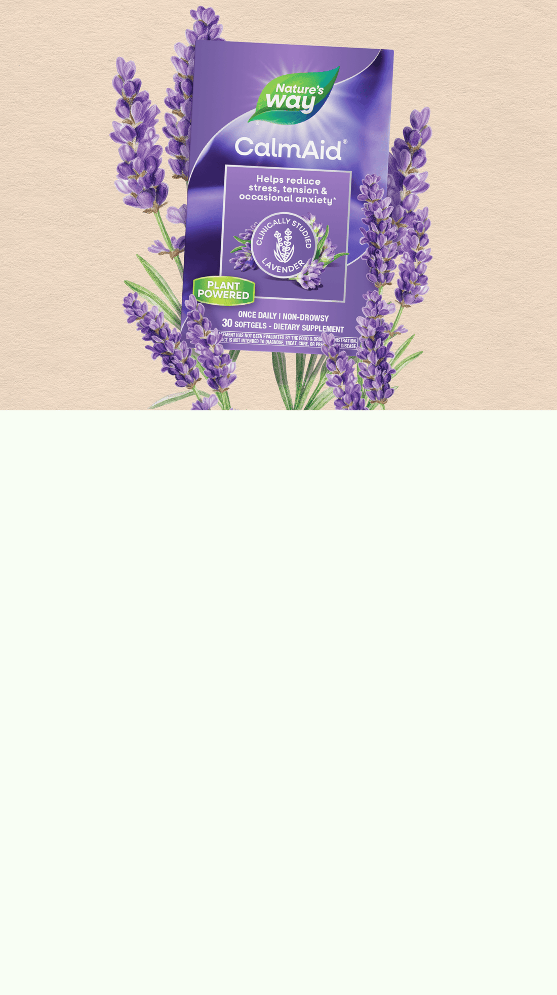 CalmAid product packaging with lavender flowers on a beige background