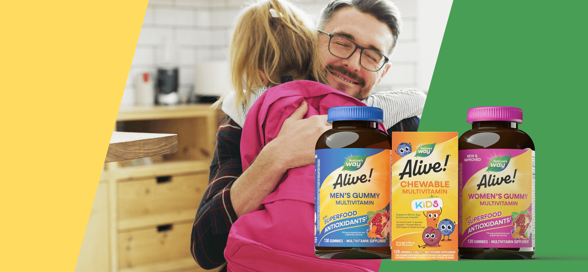 Man holding a child with Nature Made Alive! gummy vitamins in the foreground