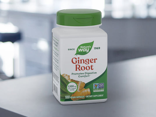Nature's Way Ginger Root supplement bottle on a blurred background