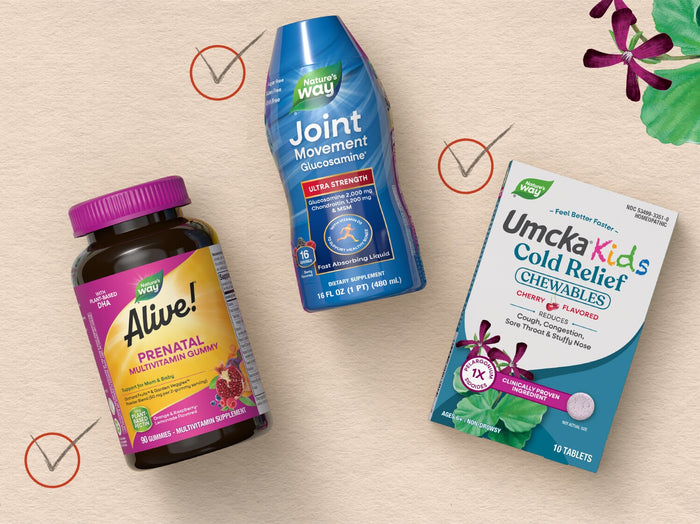 Three health and wellness products arranged on a light beige textured background: a brown bottle of Alive! Prenatal Multivitamin Gummy, a blue bottle of Joint Movement Glucosamine, and a white box of Umcka Kids Cold Relief Chewables.