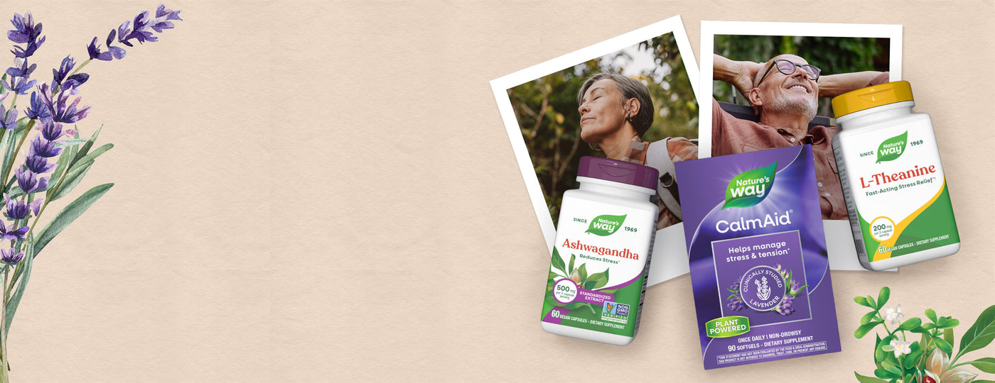 Nature Made supplements with a woman and man on a beige background