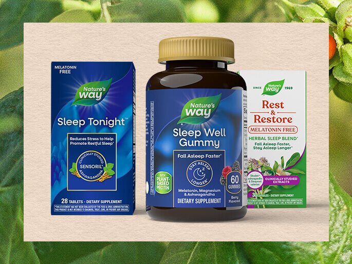 Nature's Way sleep supplements including gummies and tablets on a green leafy background
