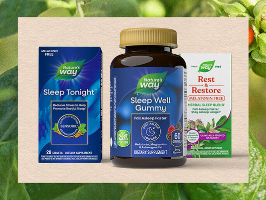 Nature's Way sleep supplements including gummies and tablets on a green leafy background